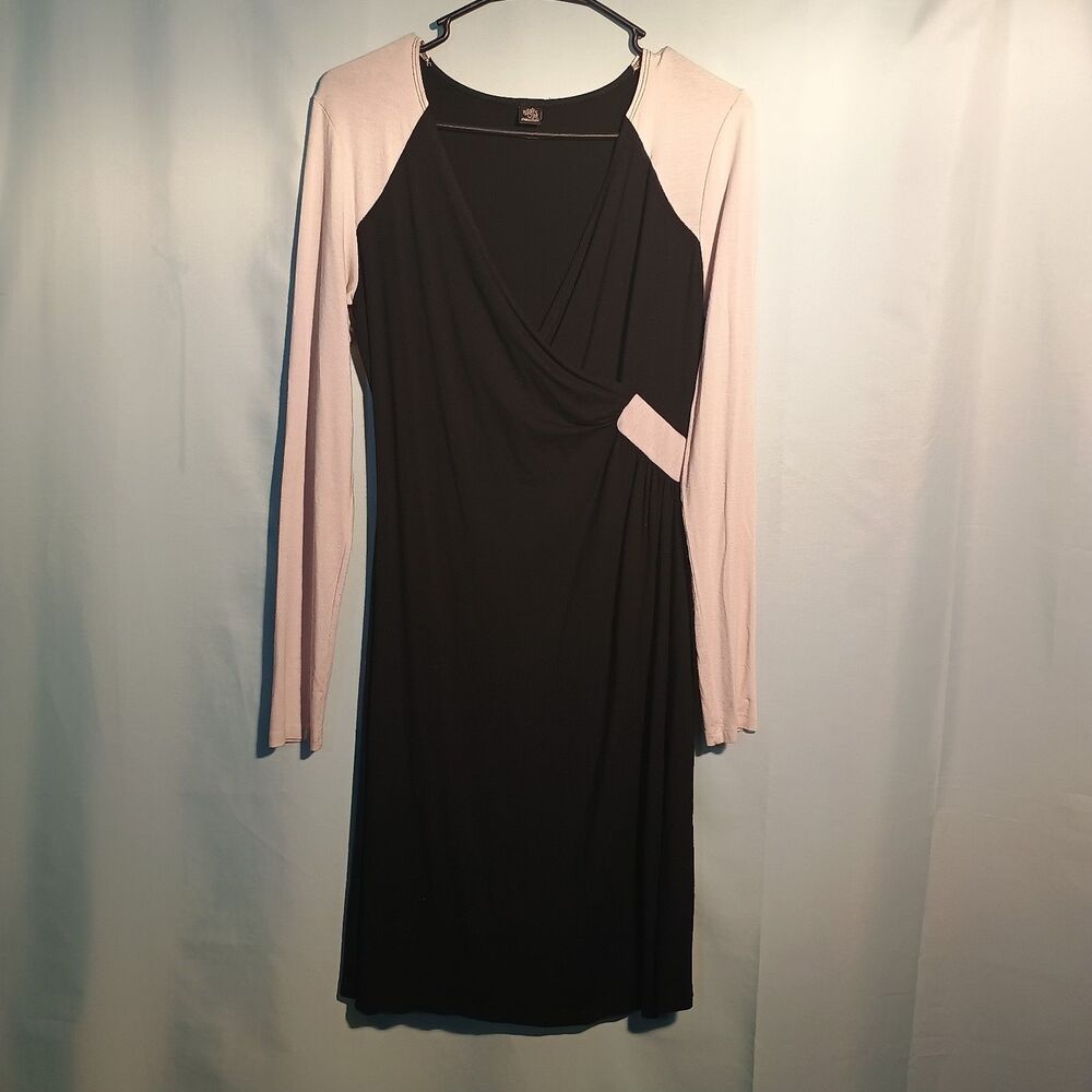 Women’s Black & Pink Color block Long Sleeve Midi Dress | V-Neck Wrap Style